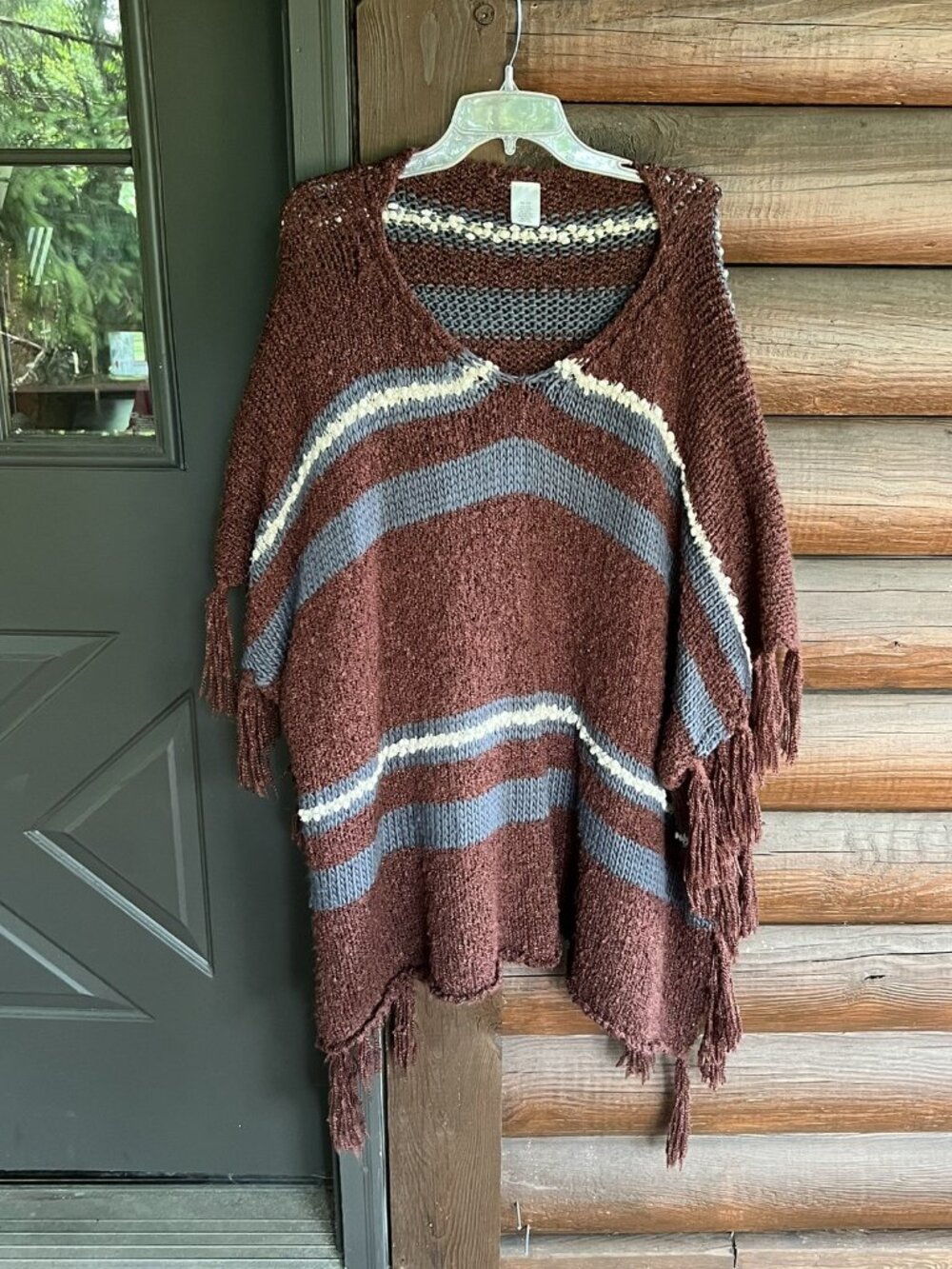Francesca's Brown, Blue Grey, & Cream Striped Knit Poncho with Side Fringe, OS